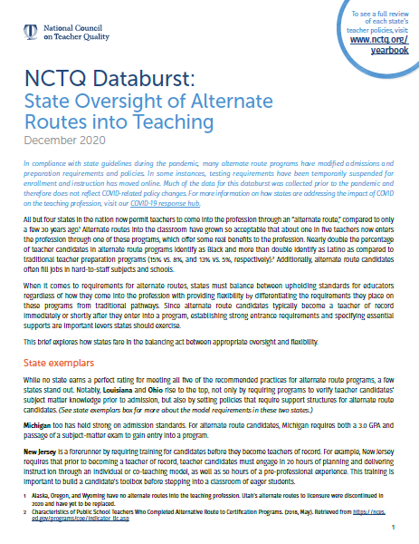 NCTQ Databurst: State Oversight of Alternate Routes into Teaching