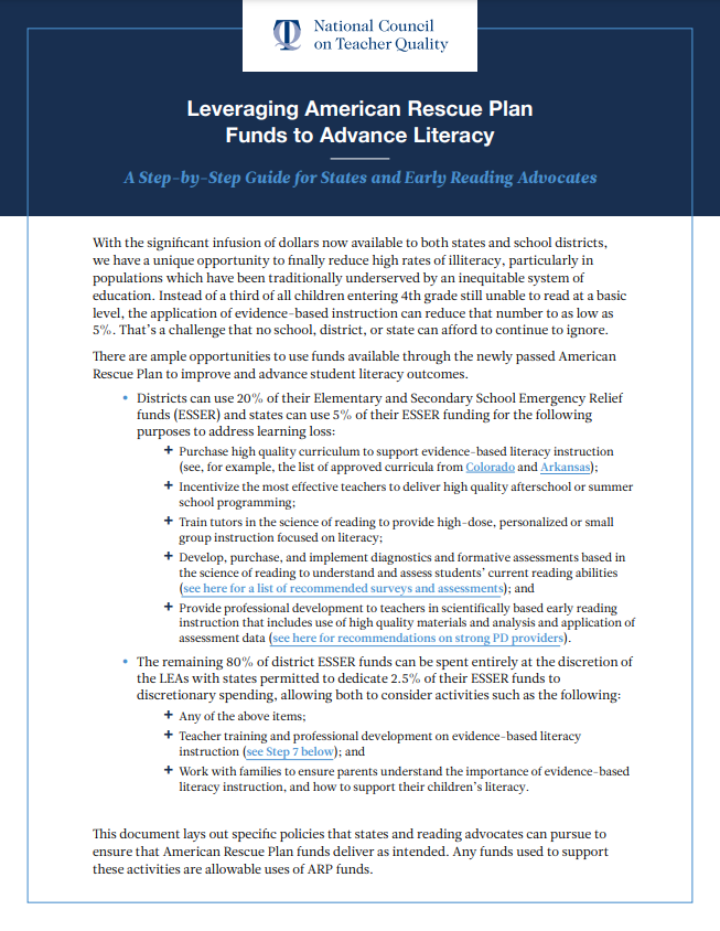 Leveraging American Rescue Plan Funds to Advance Literacy: A Step-by-Step Guide for States and Early Reading Advocates